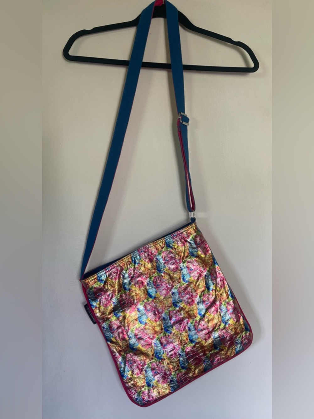 Iridescent Floral Metallic Crossbody Bag with Blue Strap NWOT